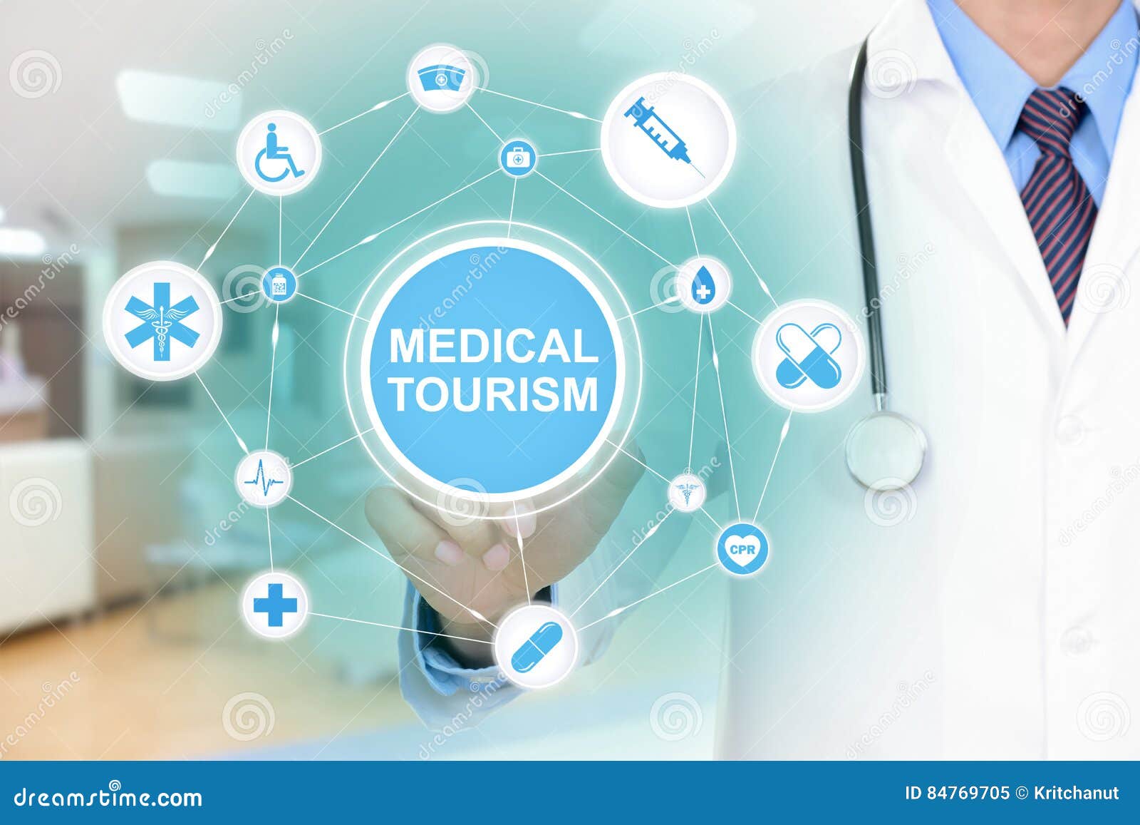 doctor hand touching medical tourism sign virtual screen