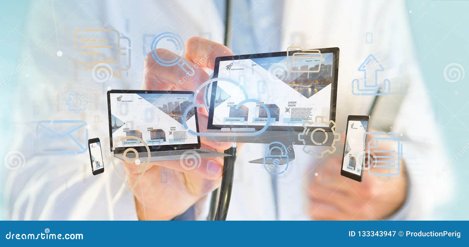 Doctor Holding a Devices Connected To a Cloud Multimedia Network Stock