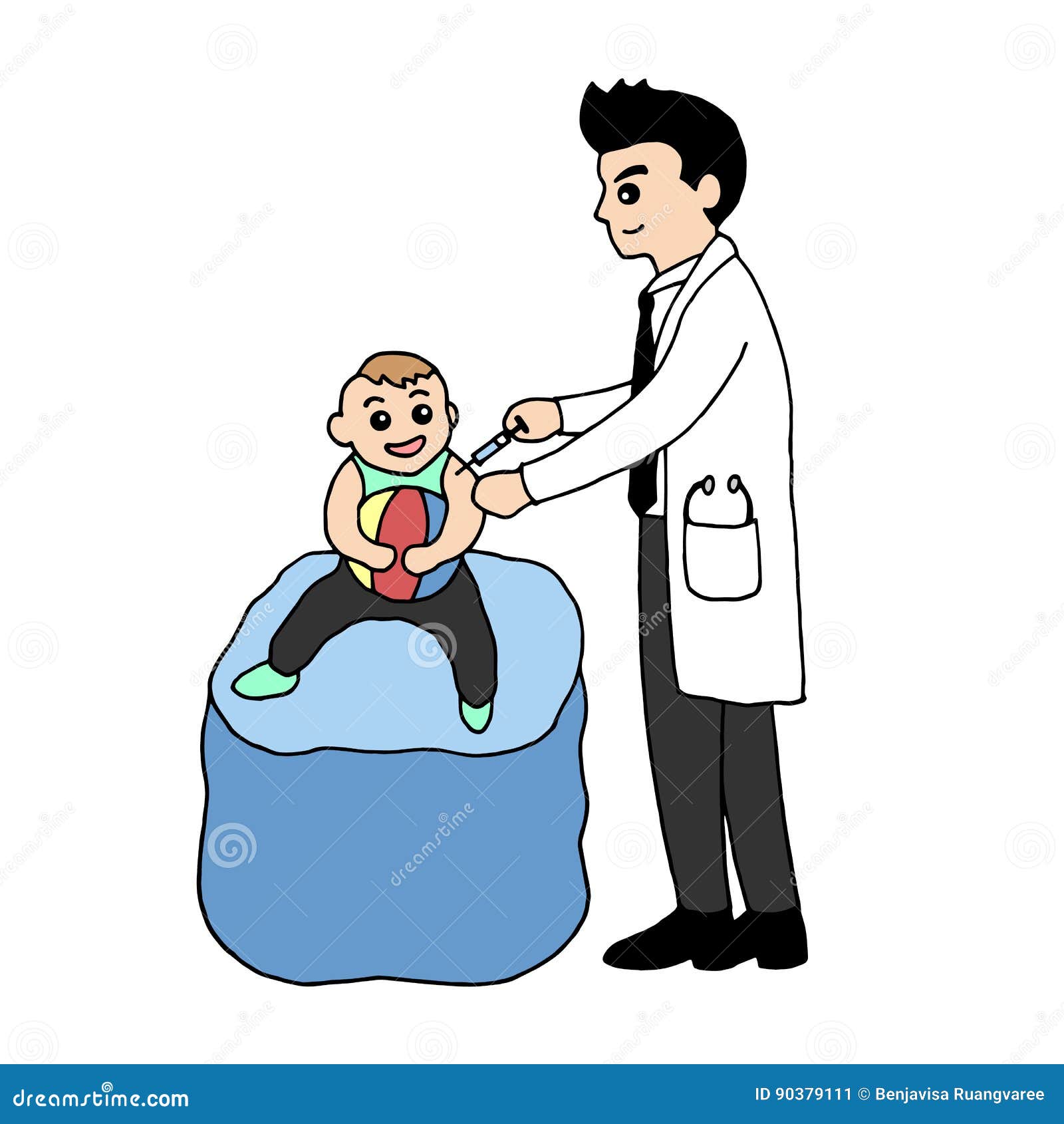 doctor inject vaccine to baby,    hand drawn