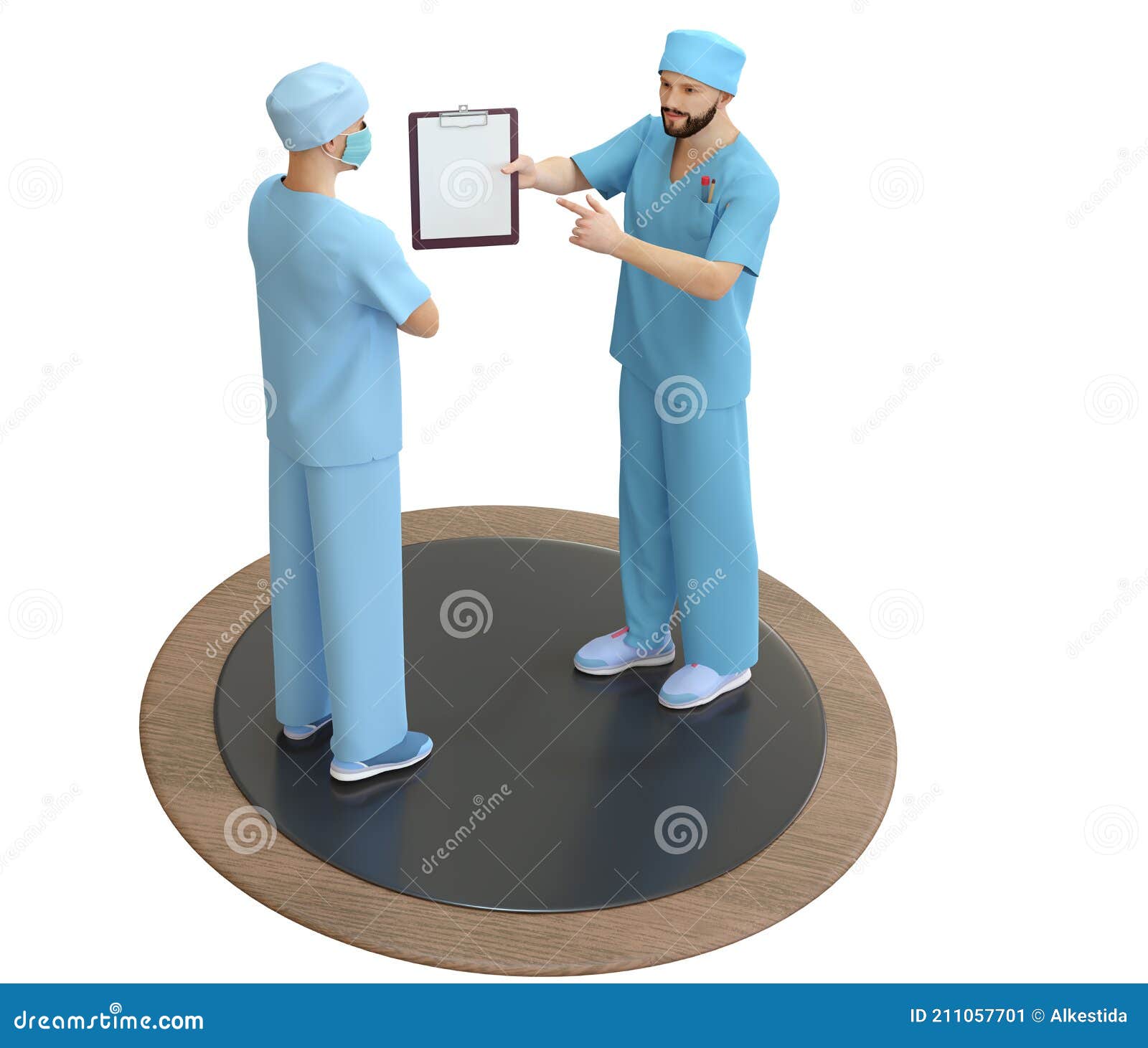 a doctor in a medical suit points to a tablet with a piece of paper, while a second doctor listens intently. isolation on a light