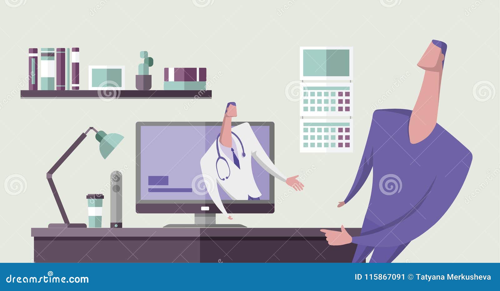 Doctor In Medical Suit Talking To A Man From Computer Monitor In Office  Interior. Online Medicine. Distance Medical Stock Vector - Illustration of  exam, distant: 115867091