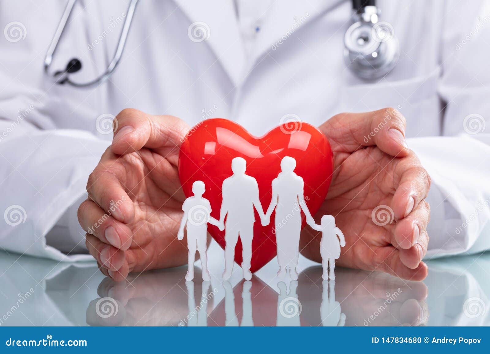doctor protecting red heart with family figure