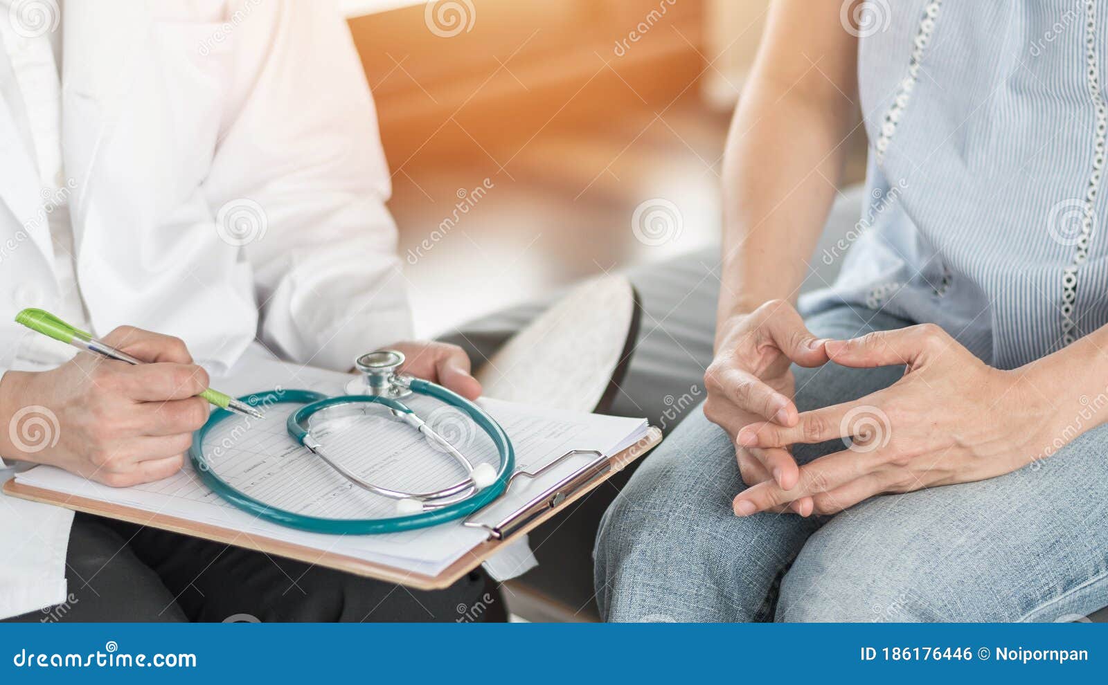 doctor or psychiatrist consulting and diagnostic examining stressful woman patient on obstetric - gynecological female illness