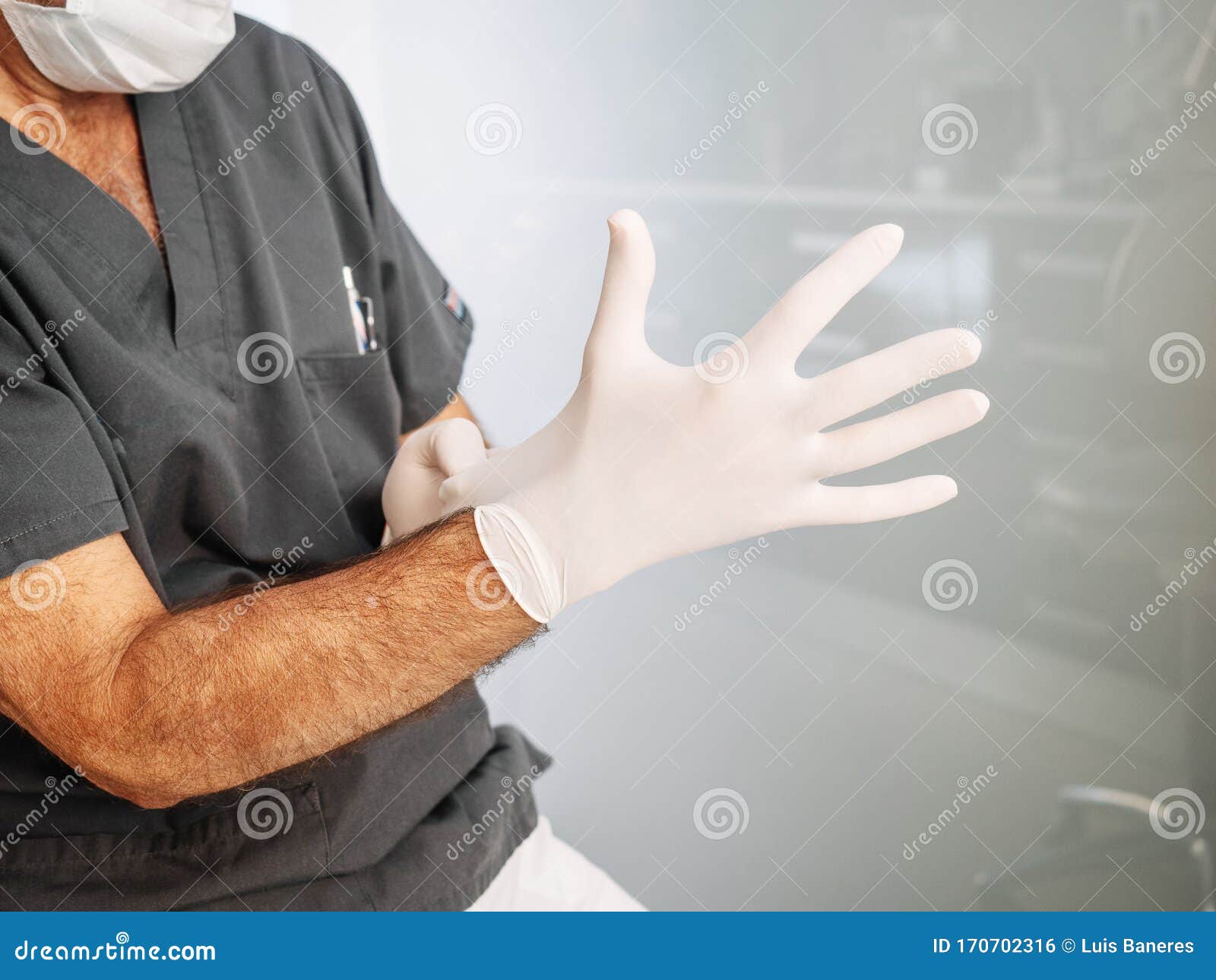 Doctor Puts on Latex Gloves before Proceeding To Perform His Work Stock ...