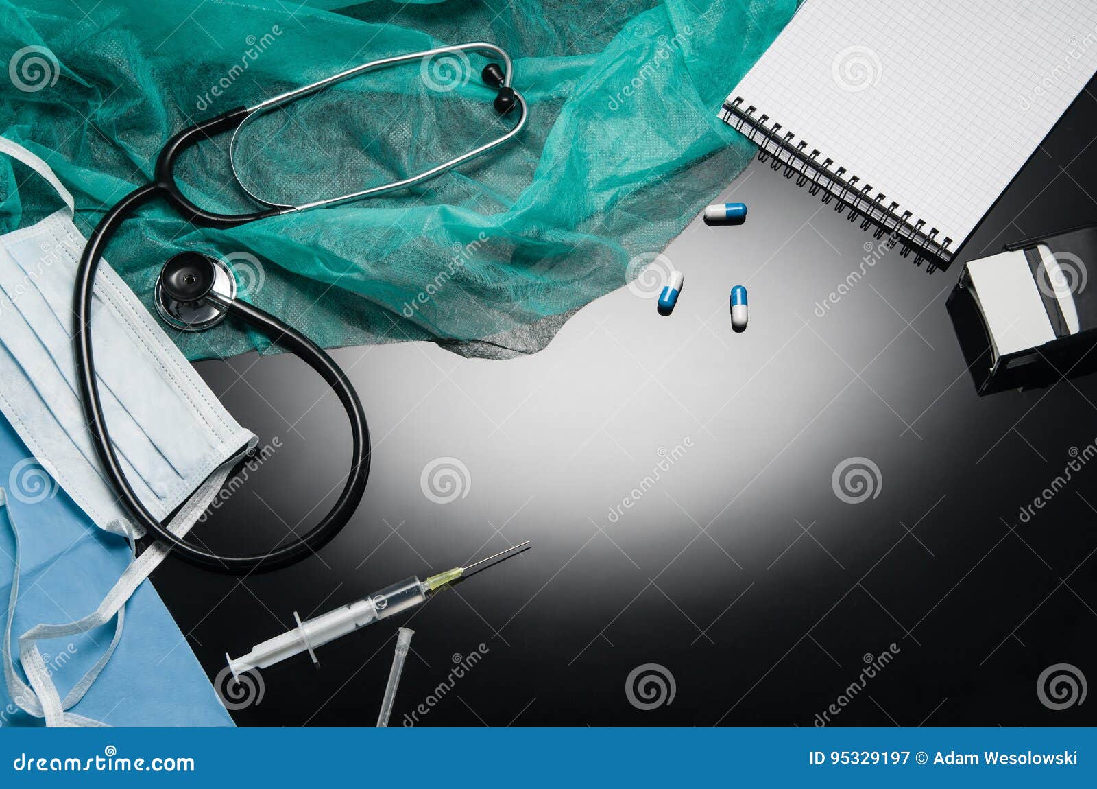 Doctor`s Desk with Medical Accessories and Products. Top View Photograph Stock Image - Image of doctor: 95329197