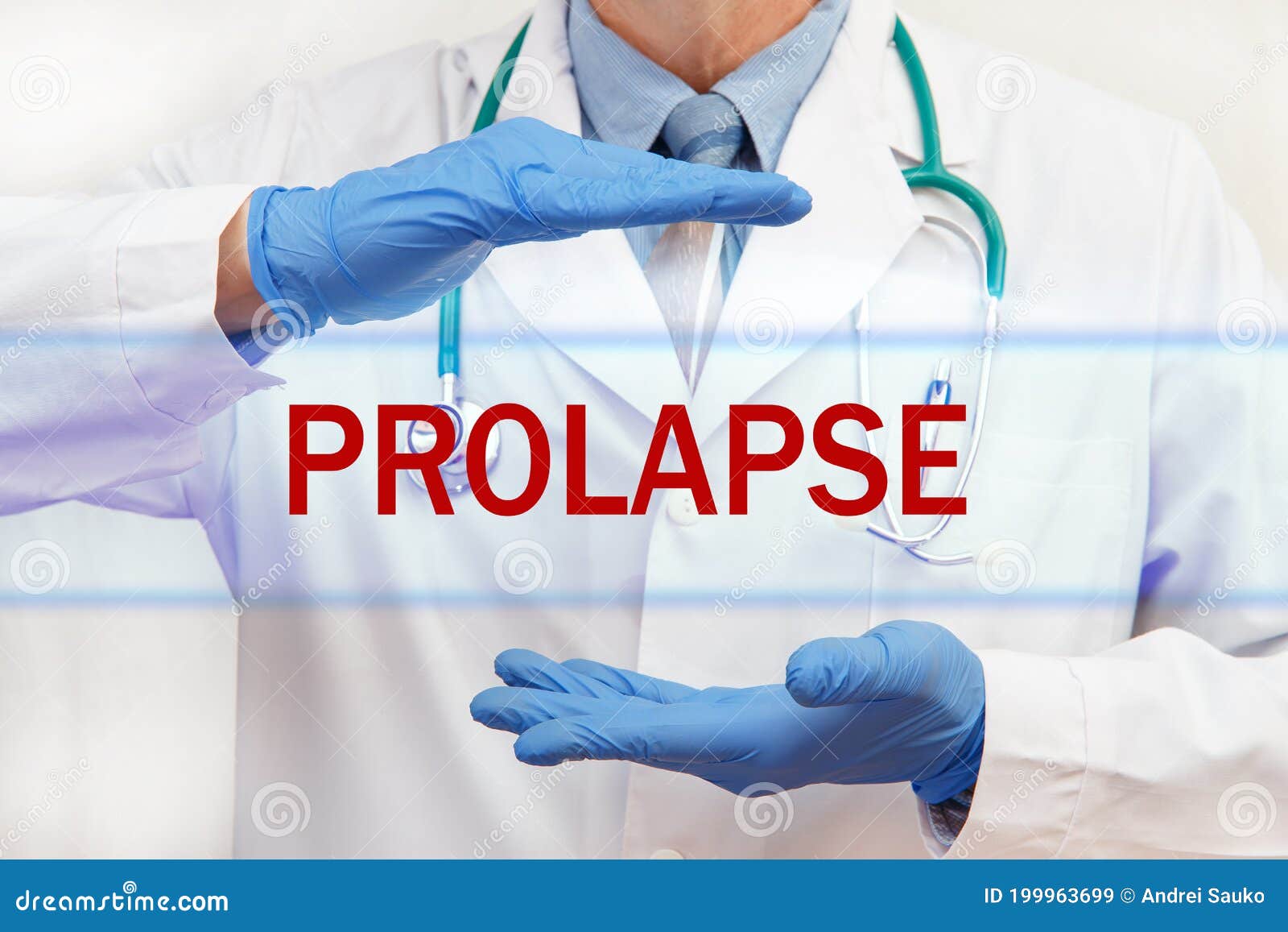doctor`s hands with prolapse inscription