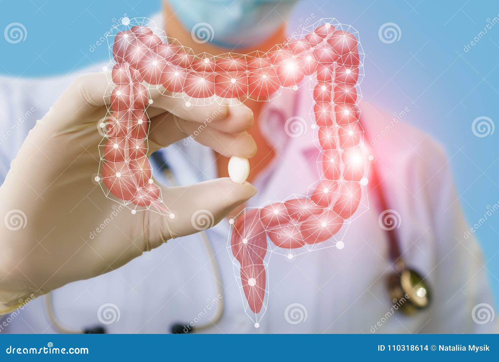 a doctor showing a pill to treat gut .