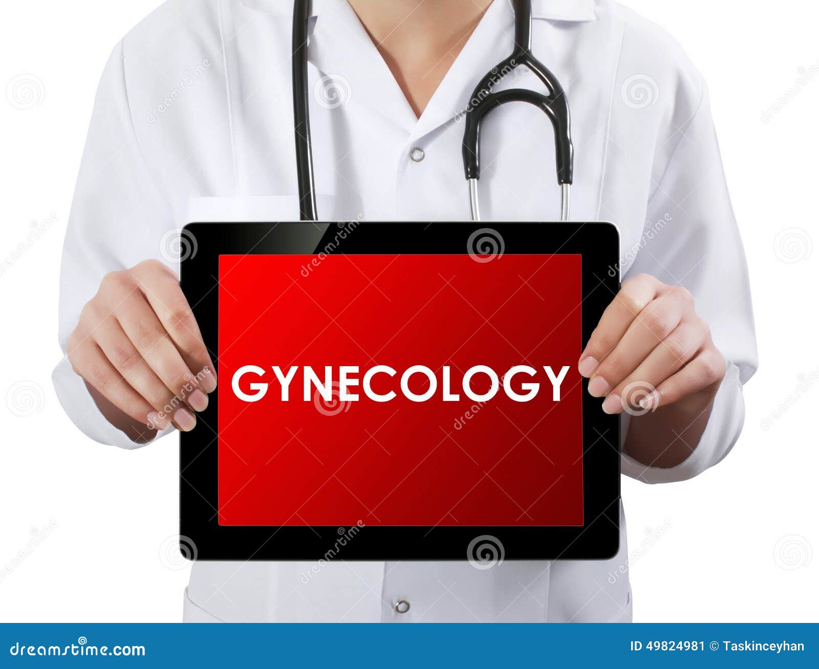 doctor showing tablet with gynecology text.