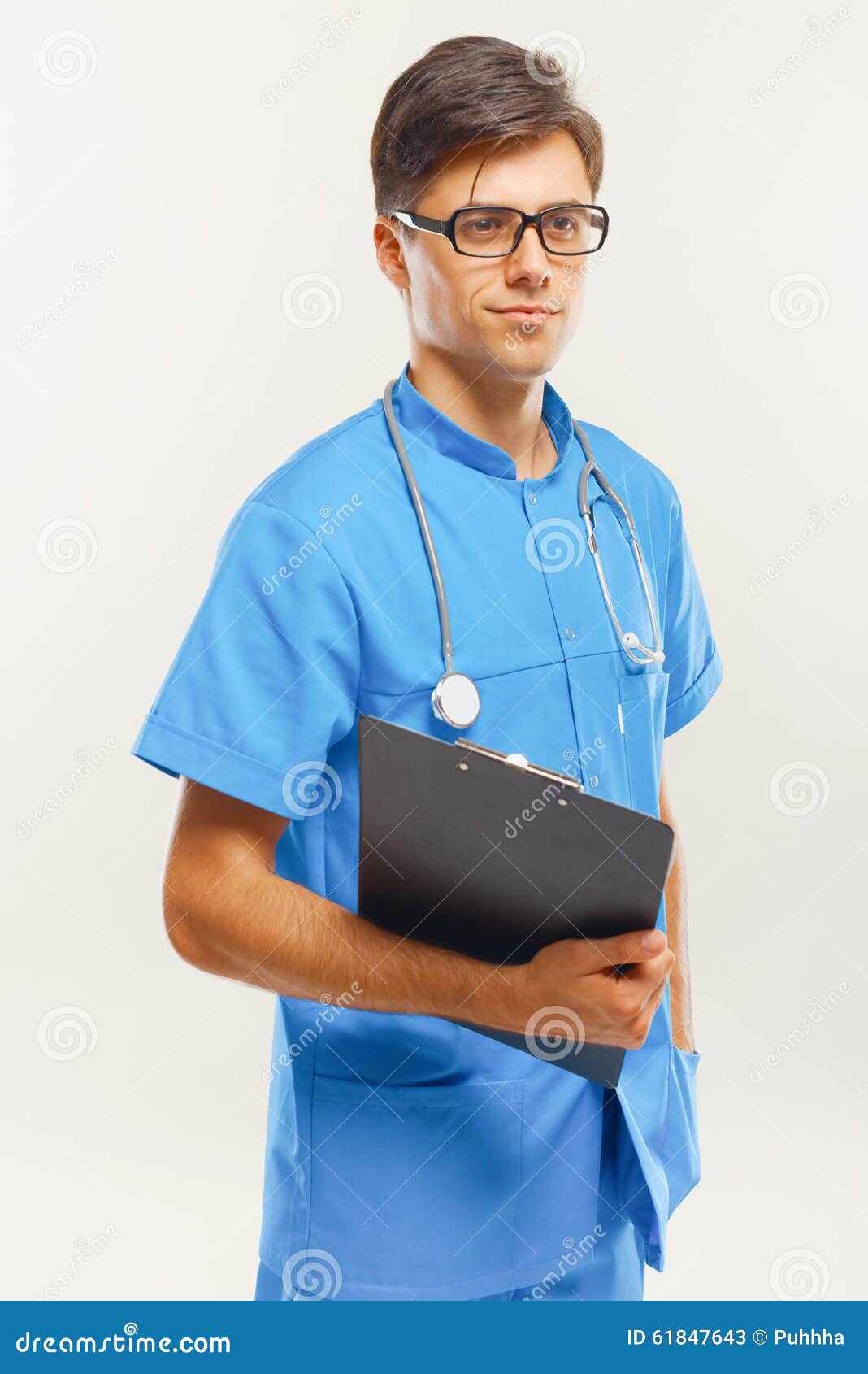 Doctor with Stethoscope Around His Neck Against Grey Background Stock