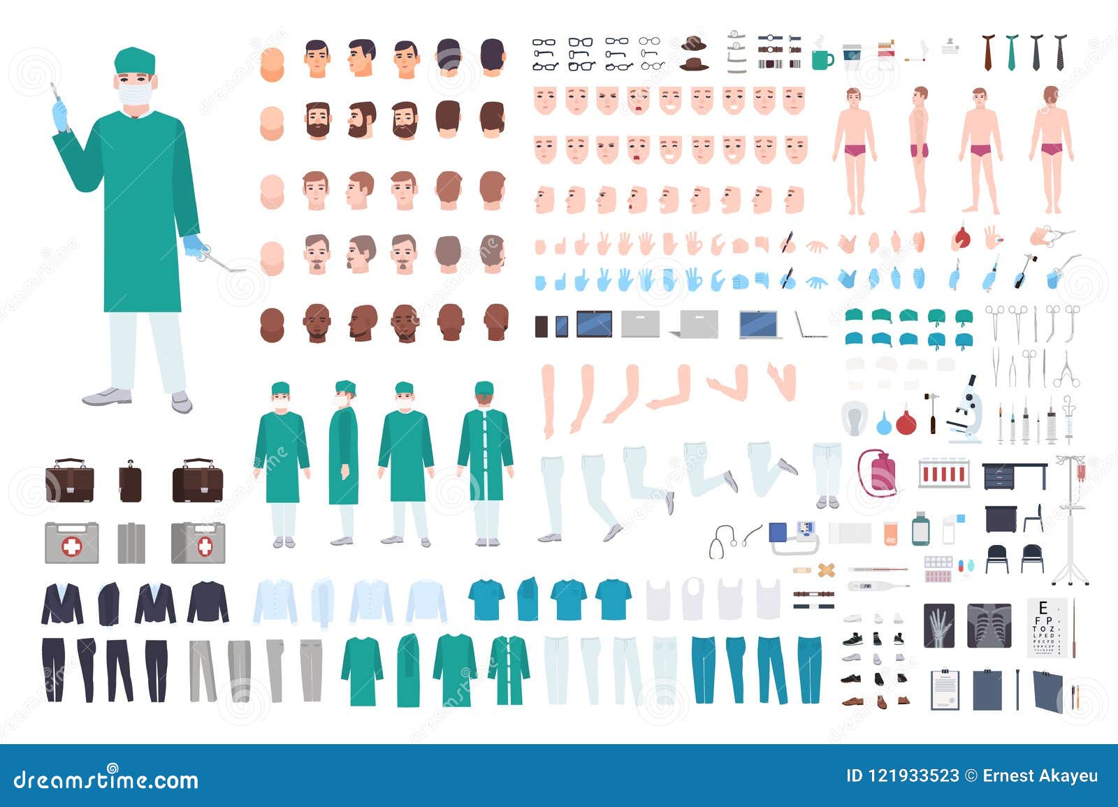 doctor, surgeon or paramedic constructor or diy kit. collection of male physician body parts, facial expressions