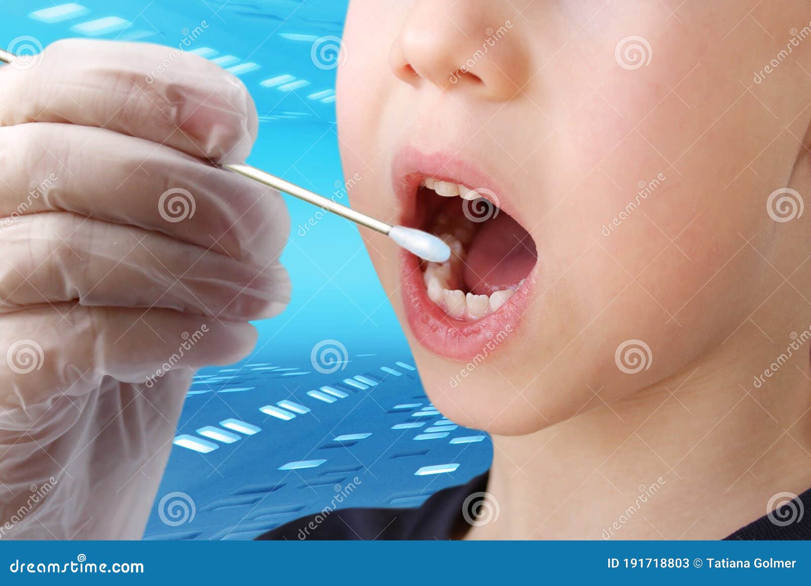 doctor takes a cotton bud from childÃ¢â¬â¢s mouth to analyze the saliva, mucous membrane for dna tests, covid-19, to determine