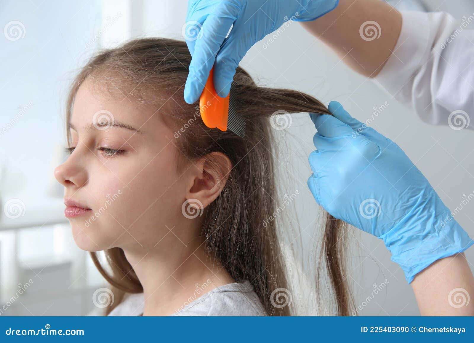 doctor using nit comb on hair in clinic. anti lice treatment