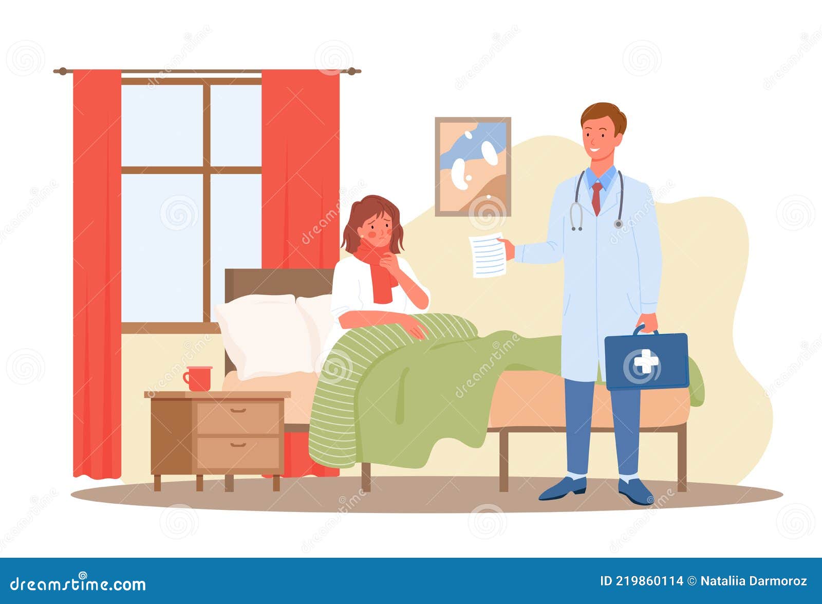 doctor visit, medical diagnostic healthcare service concept with sick patient in bed