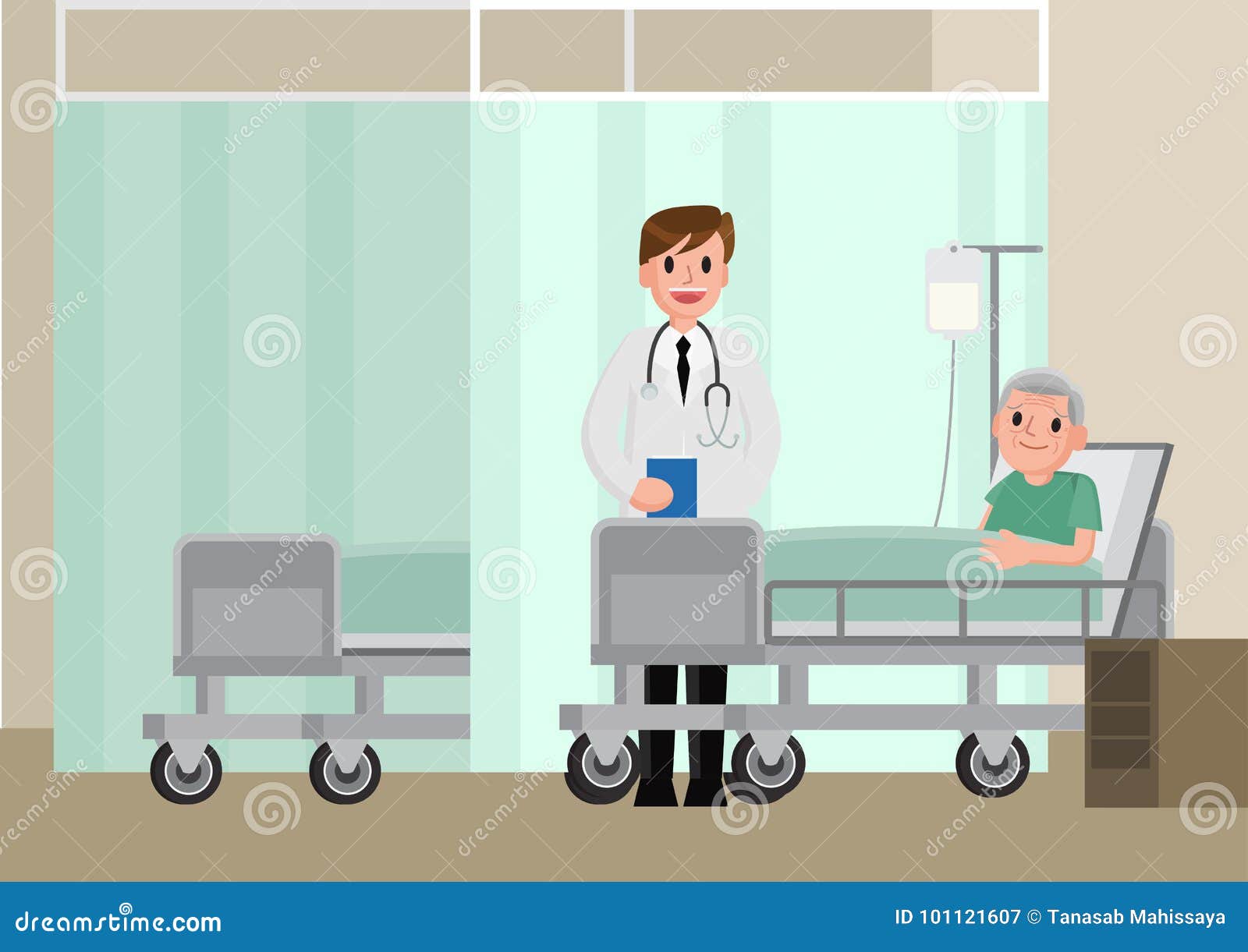 a doctor visits a patient lying on hospital bed. senior man resting in a bed.