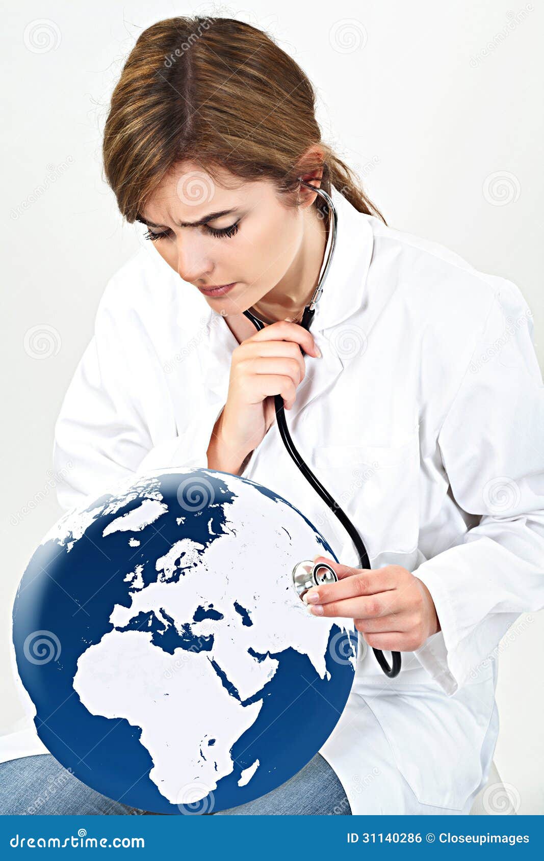 Doctor Woman Examine World Globe With Her Stethoscope Isolated O Stock