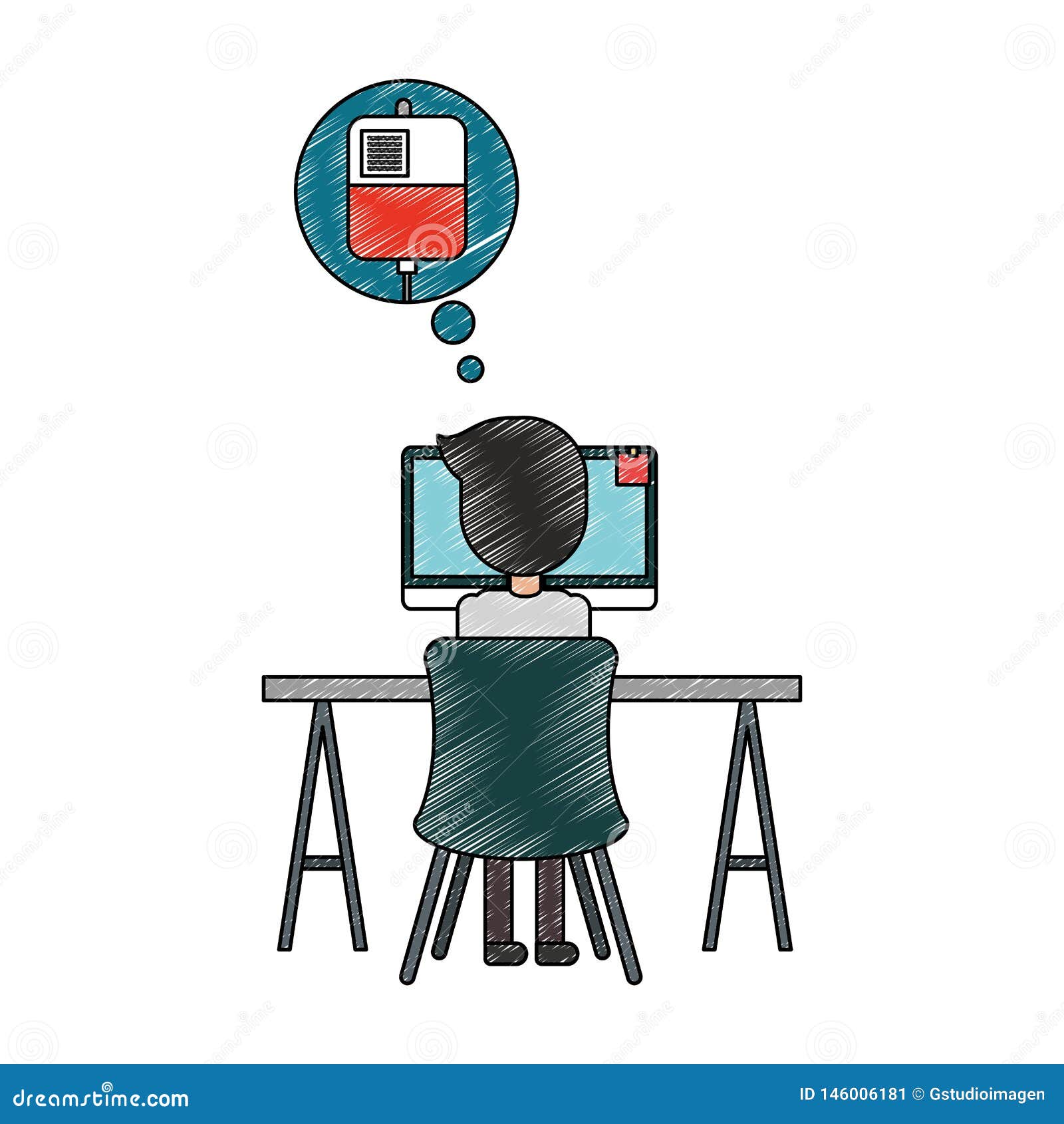 Doctor Working Computer Thinking in Blood Bag Stock Illustration