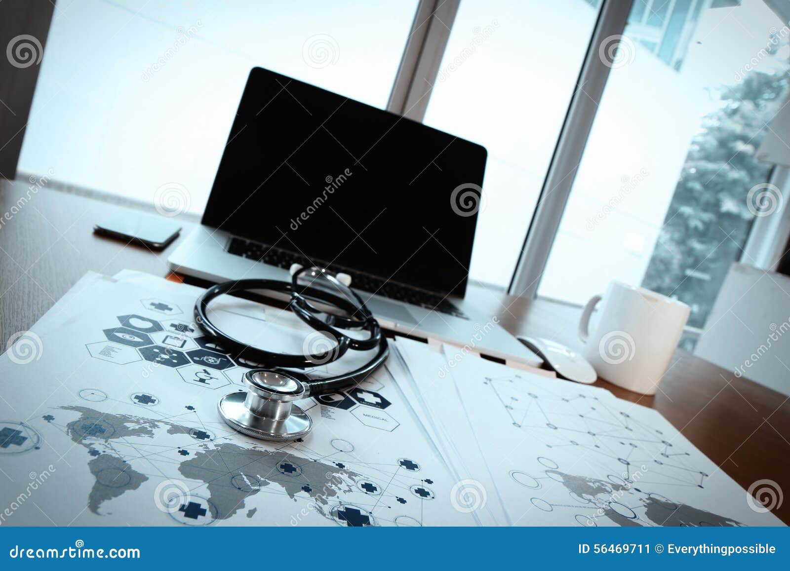 Doctor Workspace with Laptop Computer in Medical Workspace Stock Image 
