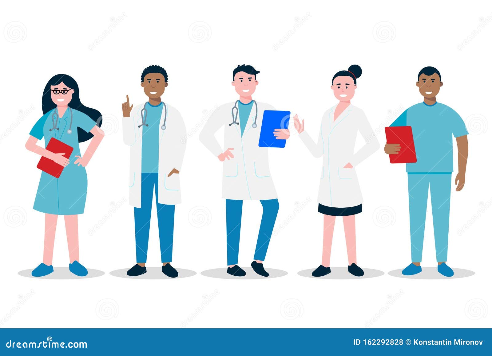 doctors and nurses standing and hold clipboards flat style  