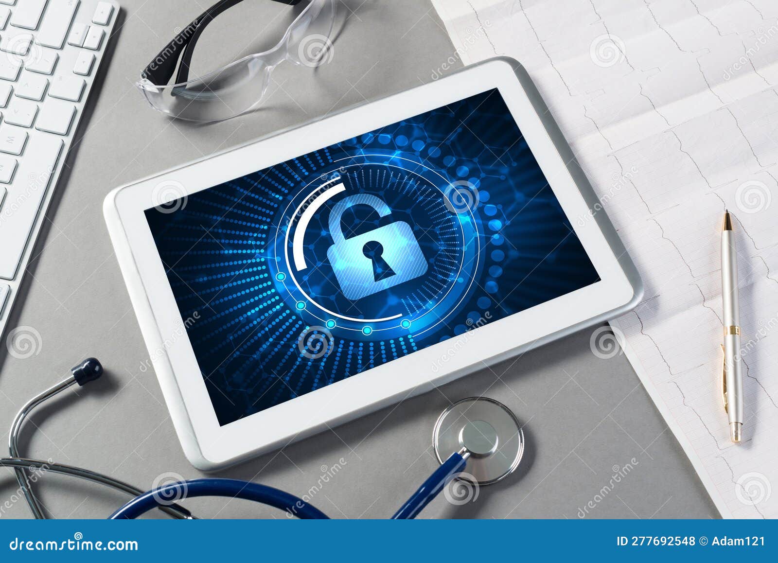  Security and Technology Concept with Tablet Pc on Table Stock Photo