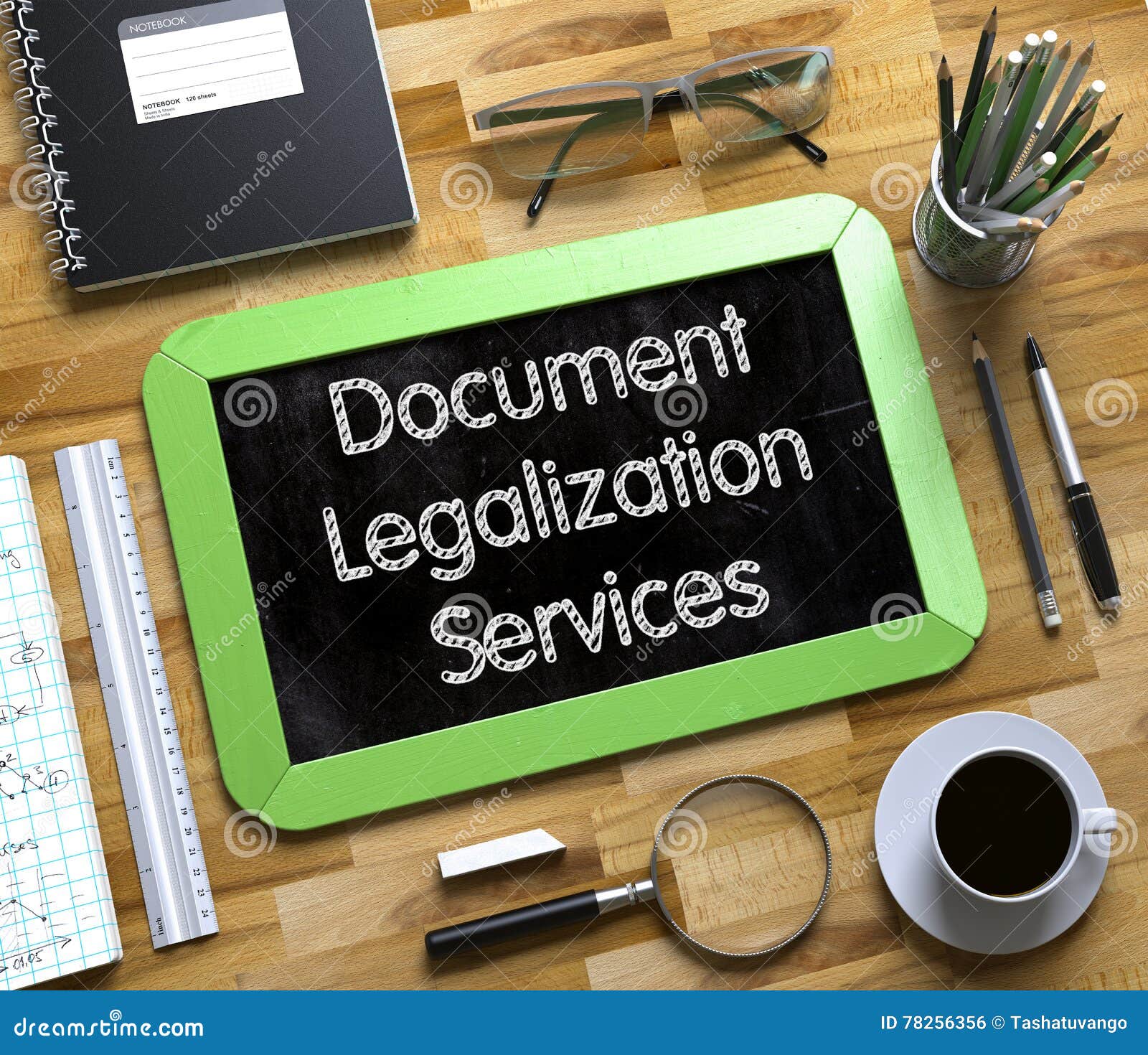 document legalization services - text on small chalkboard. 3d.