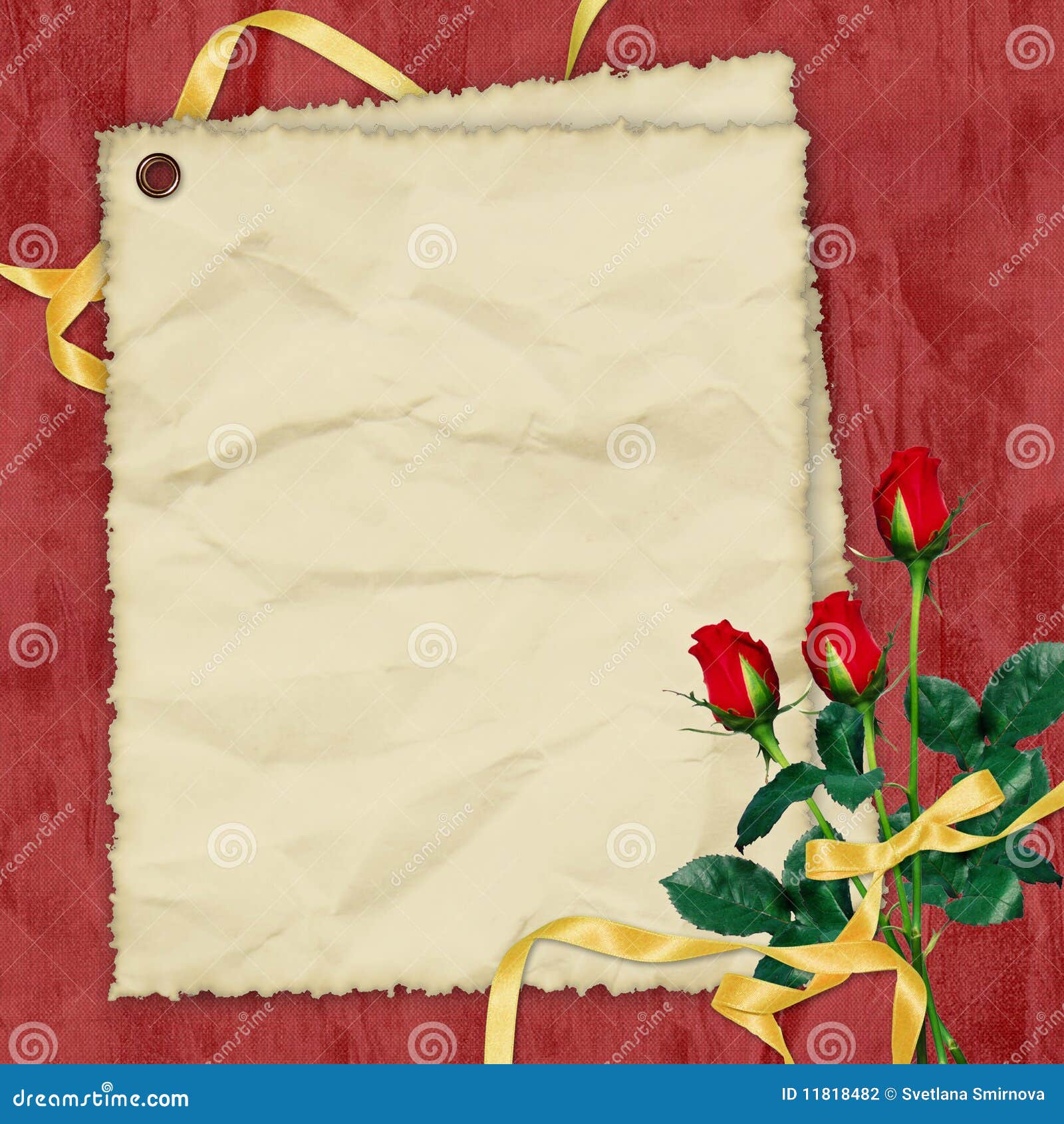 Documento schiacciato con le rose sui precedenti rossi. Documento schiacciato con le rose ed i nastri sui precedenti rossi