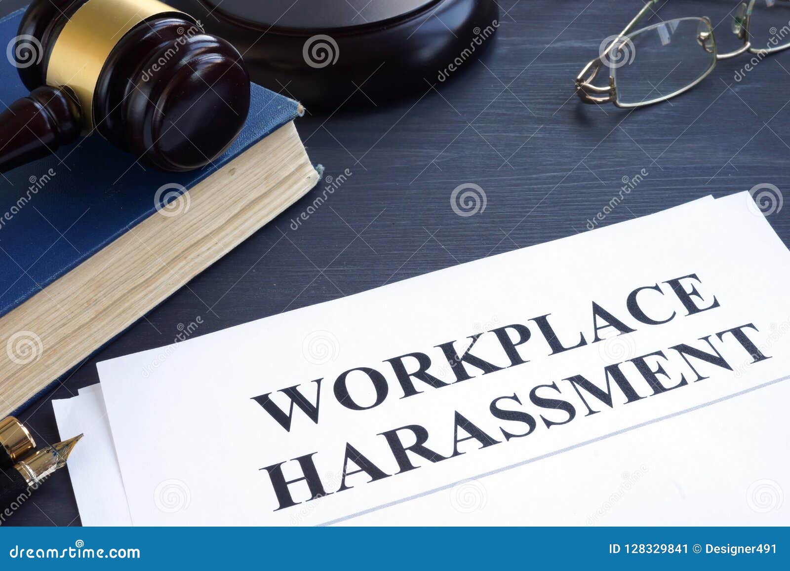 documents about workplace harassment in a court.