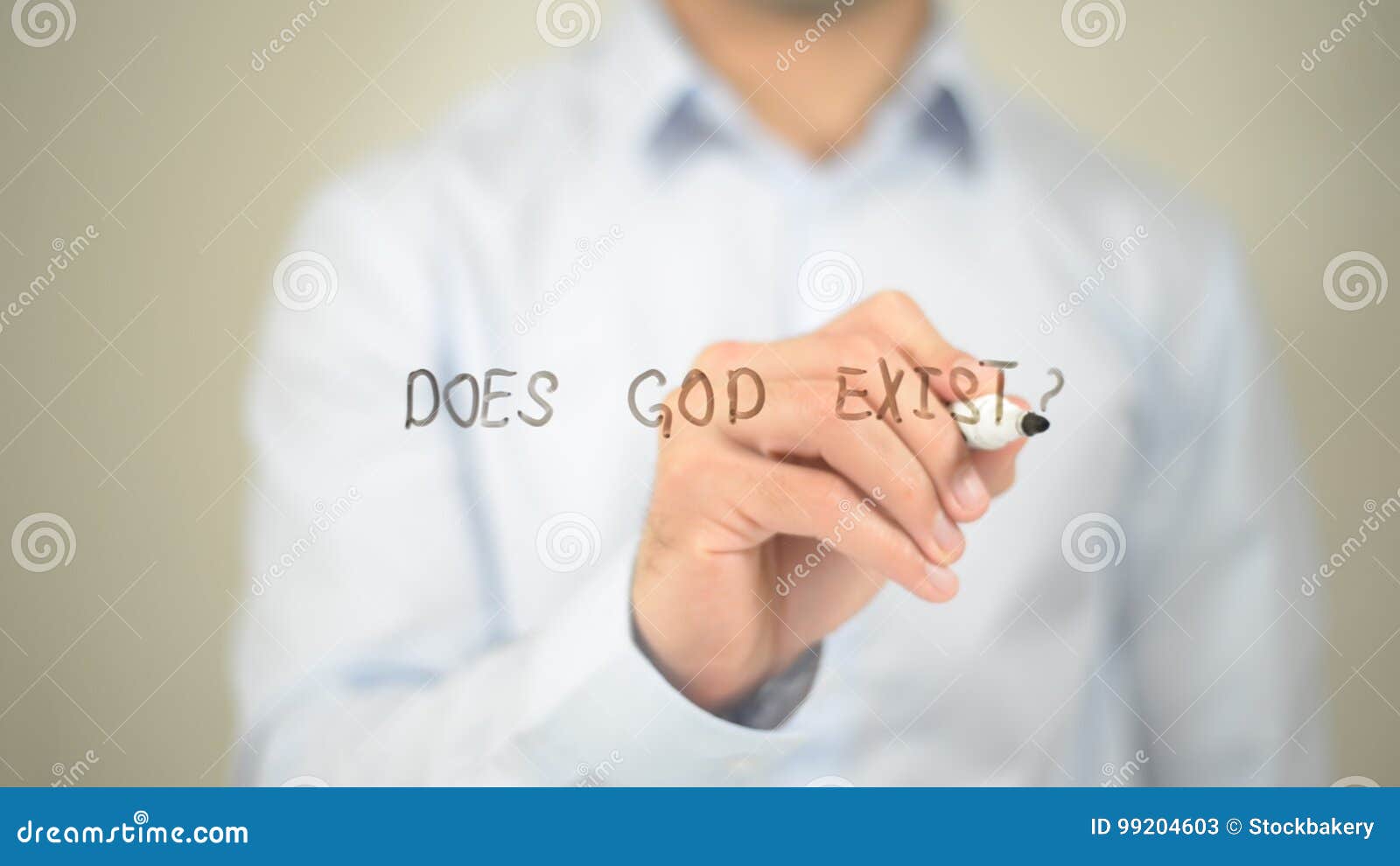 does god exist, man writing on transparent screen