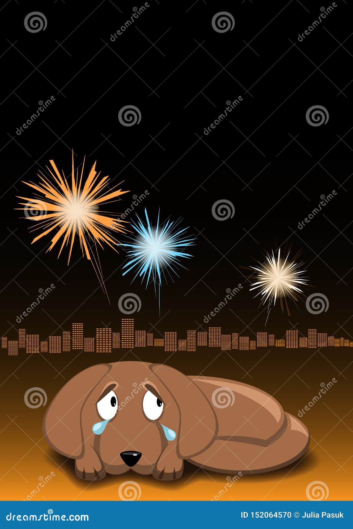dog is afraid of fireworks and crying. dogs afraid din sounds. night sky, fireworks and city lights on background.  image