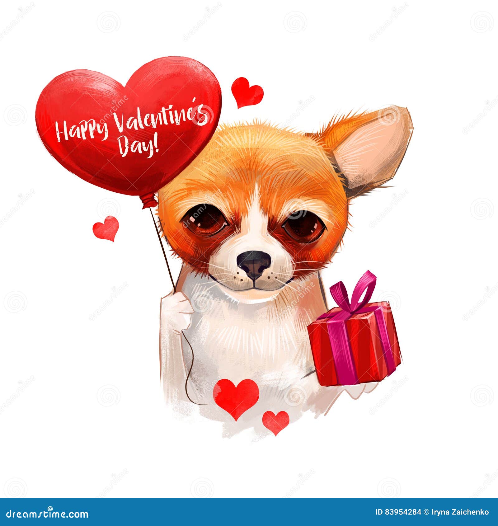 Dog With Balloon In Heart Shape And Gift Box Cute Pet
