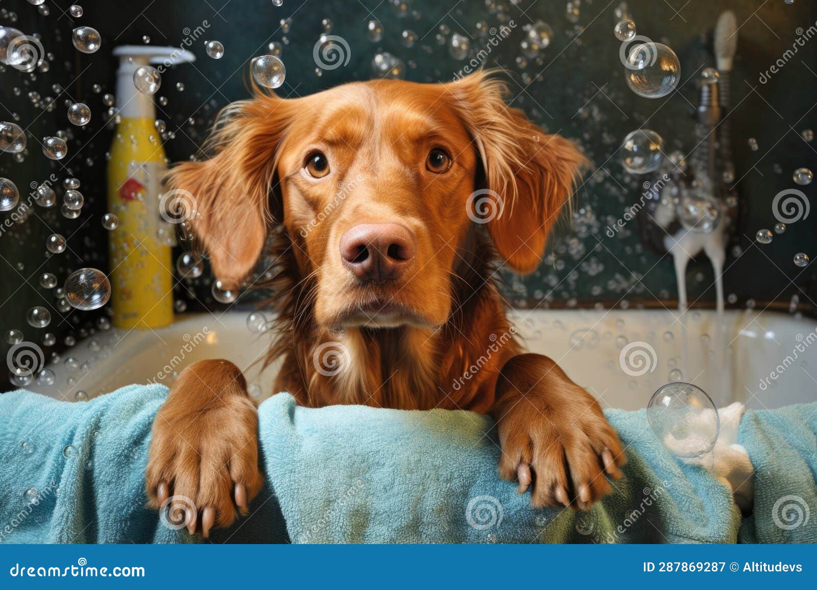 Dog Bath Time with Bubbles and Shampoo Stock Image Image of hygiene