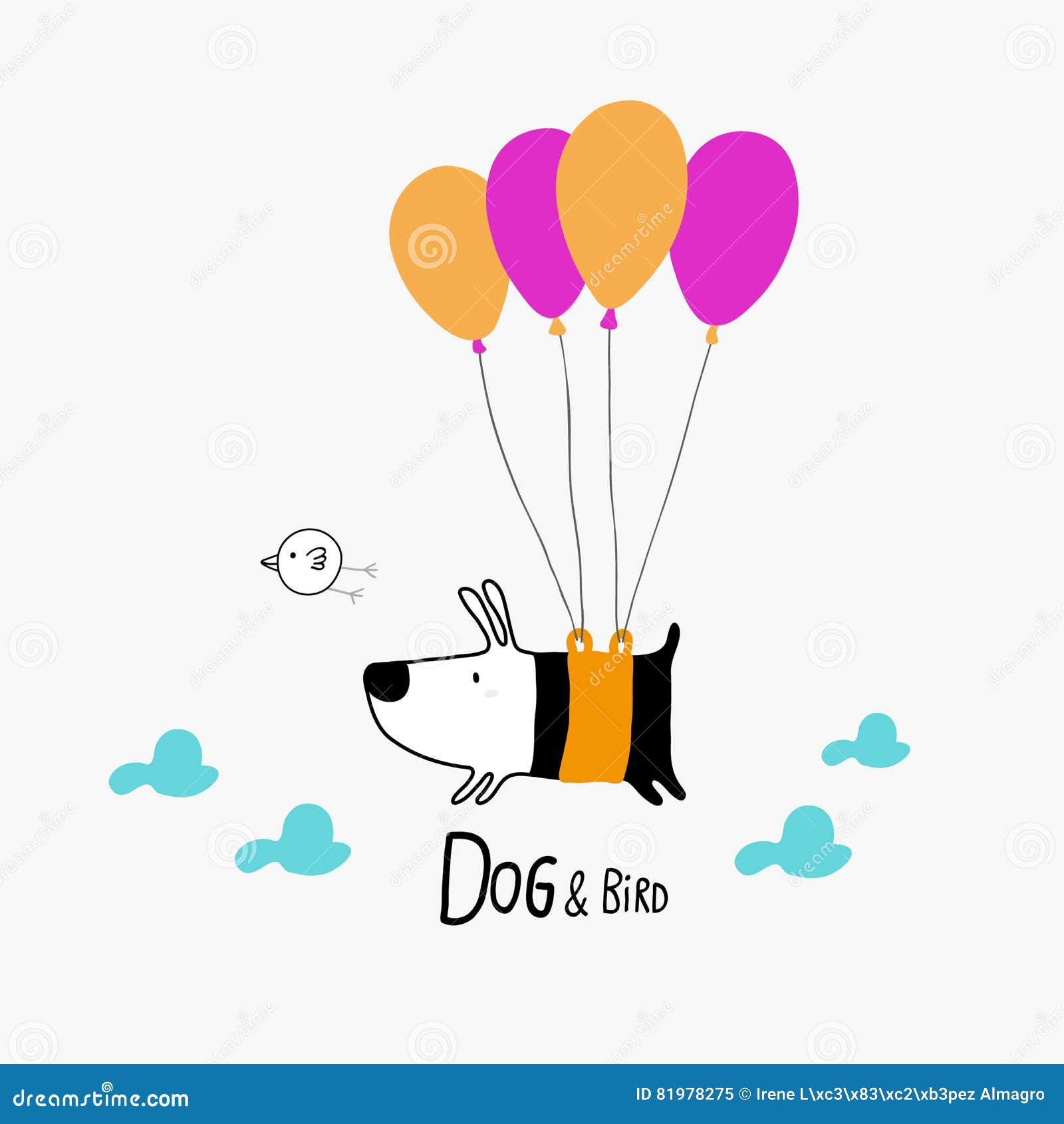 Dog & Bird Flying with Balloons Stock Vector Illustration of animal