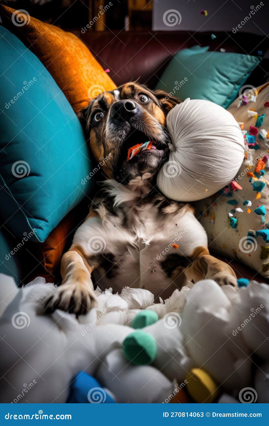 Dog That Destroys The Sofa Cushions With A Surprised Face, Illustration