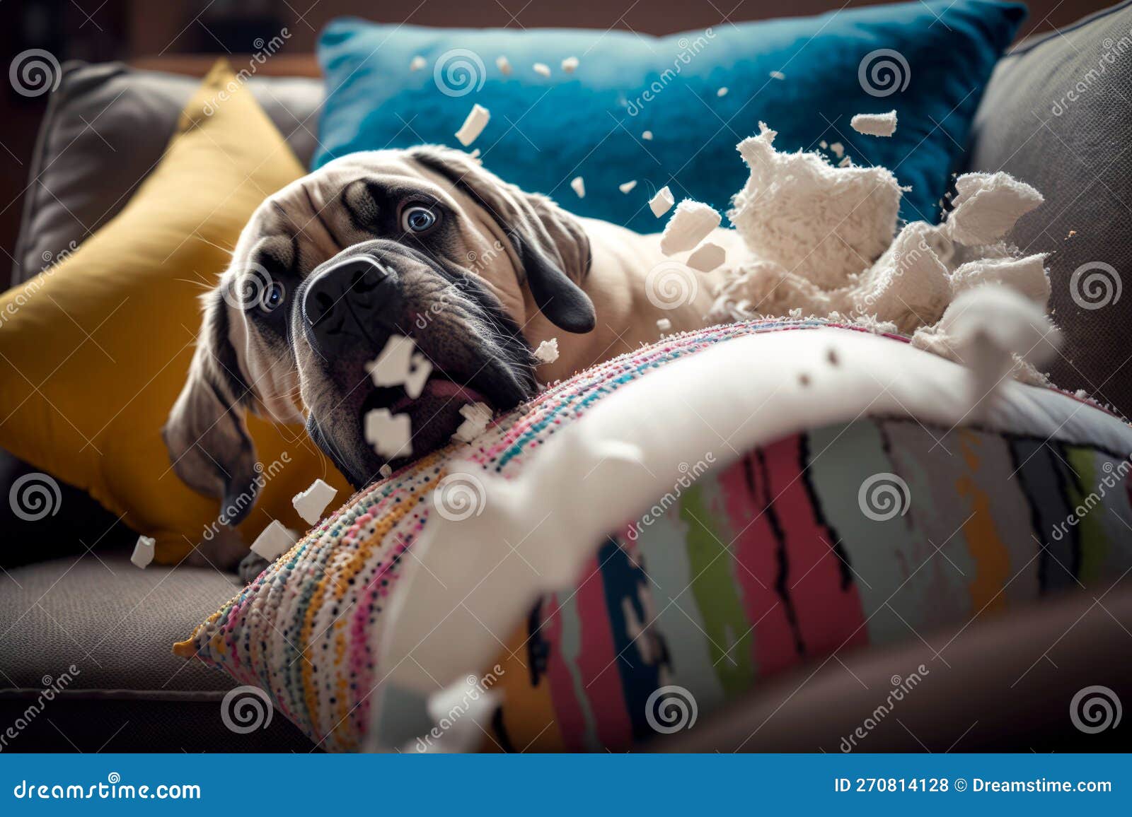 Dog That Destroys The Sofa Cushions With A Surprised Face, Illustration