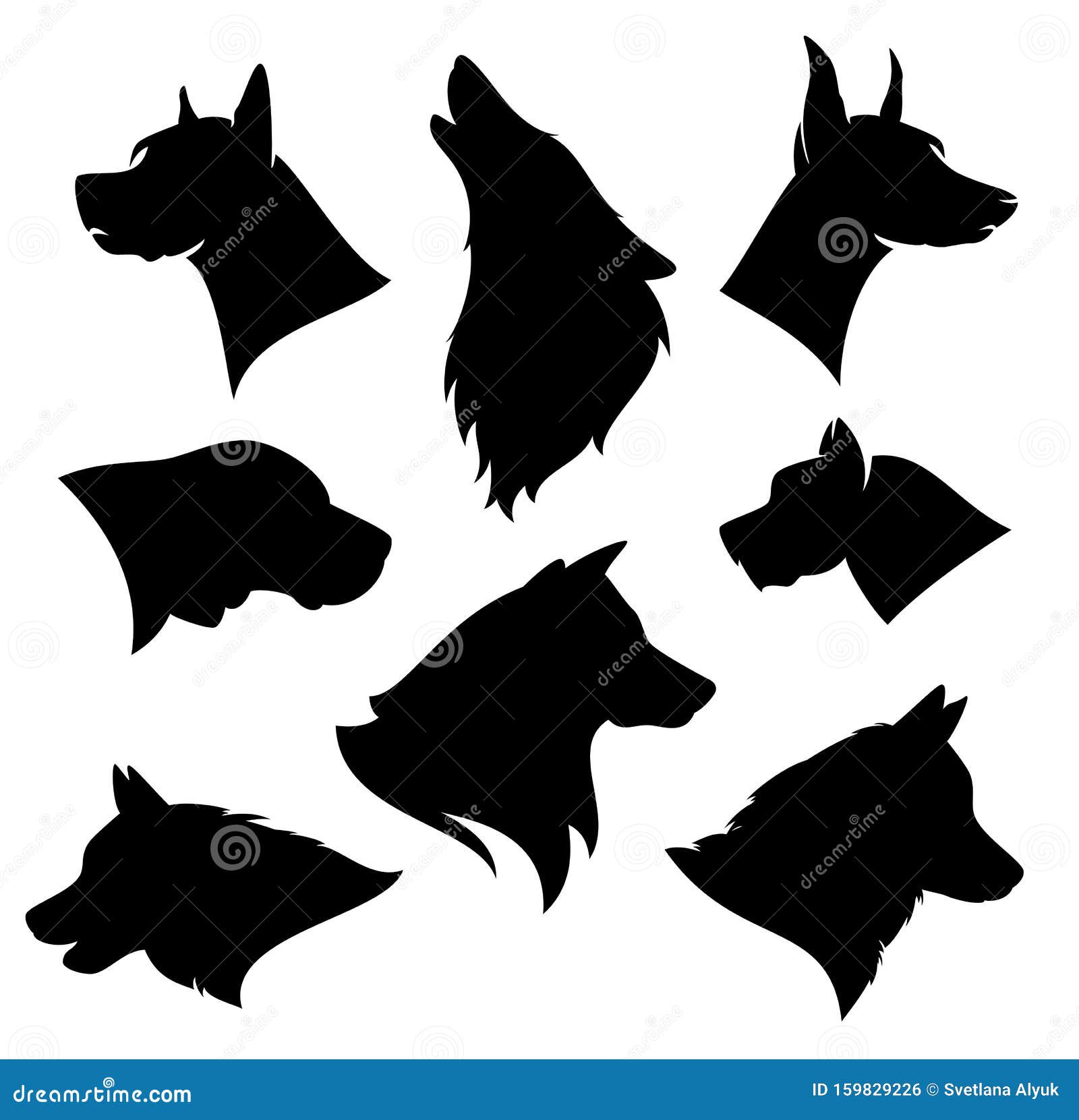 Dog Breeds Vector Silhouette Set Black Canine Heads Variety Stock