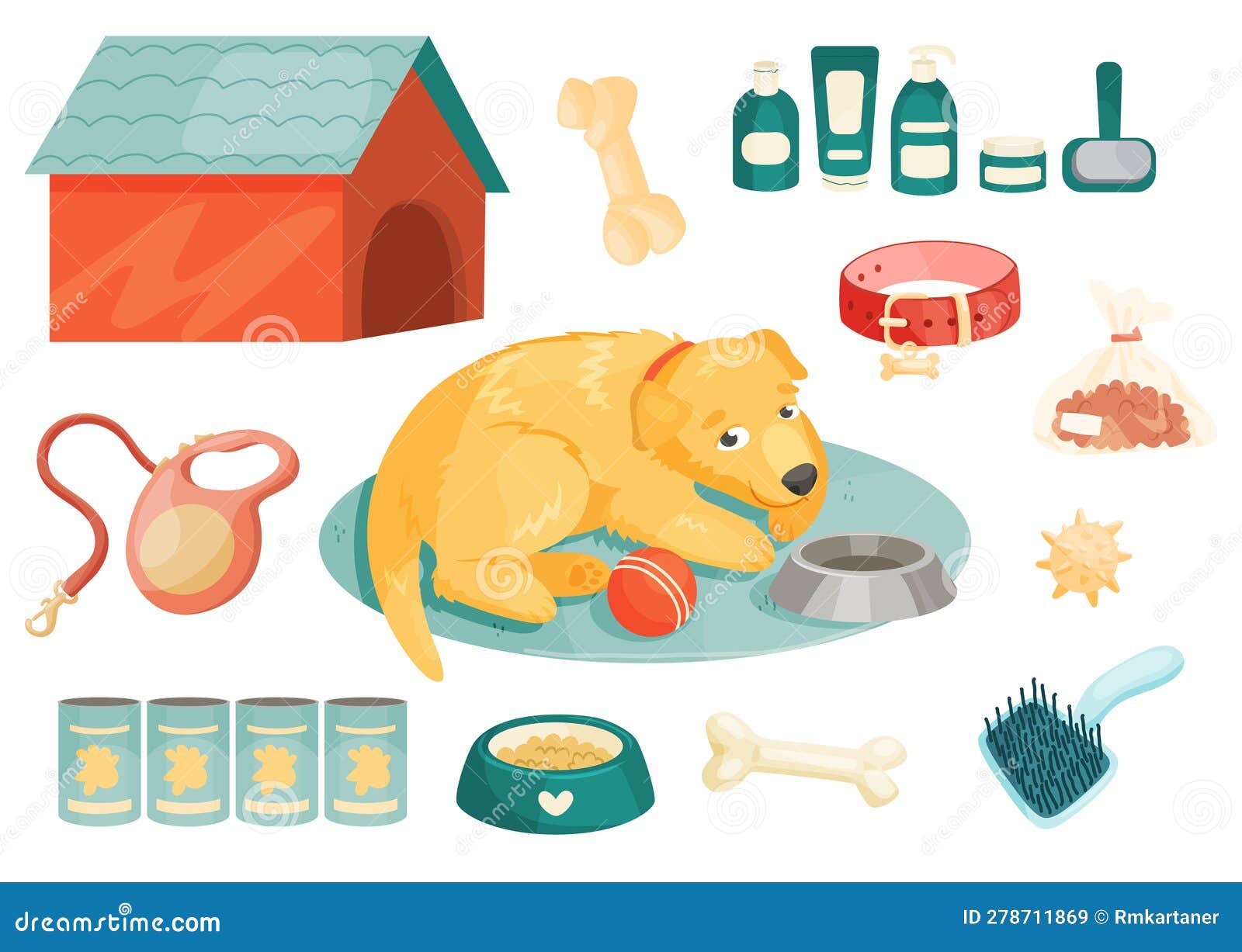 Dog and Dog Care Supply Elements Set. Stock Vector Illustration of