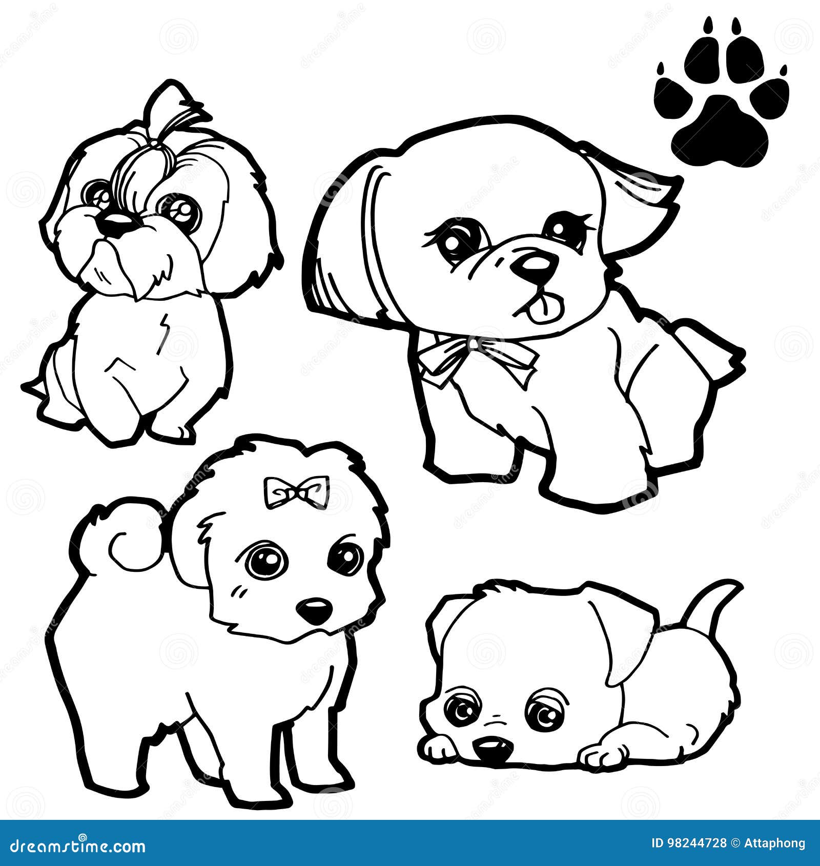 Dog Cartoon And Dog Paw Print Coloring Book On White ...
