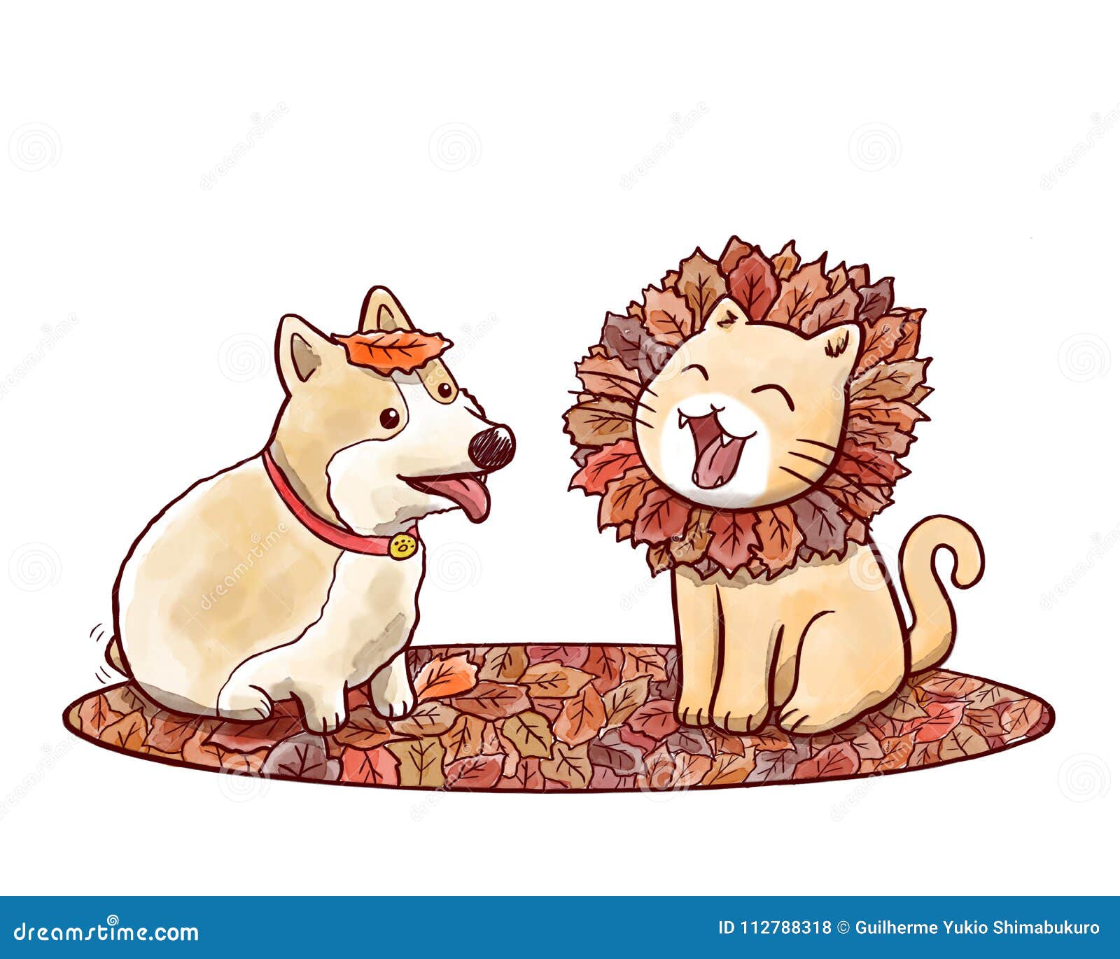 dog and cat imitating lion with mane made of autumn leaves