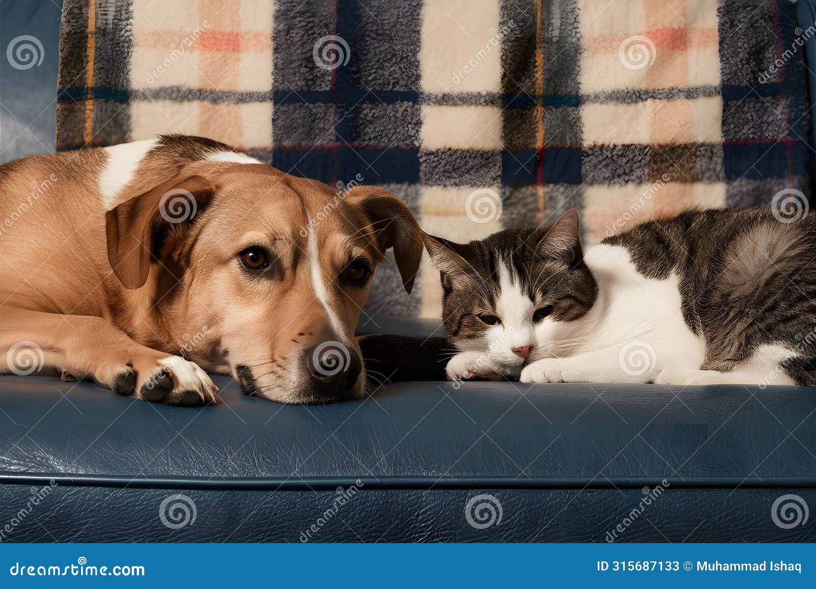 a dog and cat peacefully coexist on a blue couch, exuding warmth and contentment