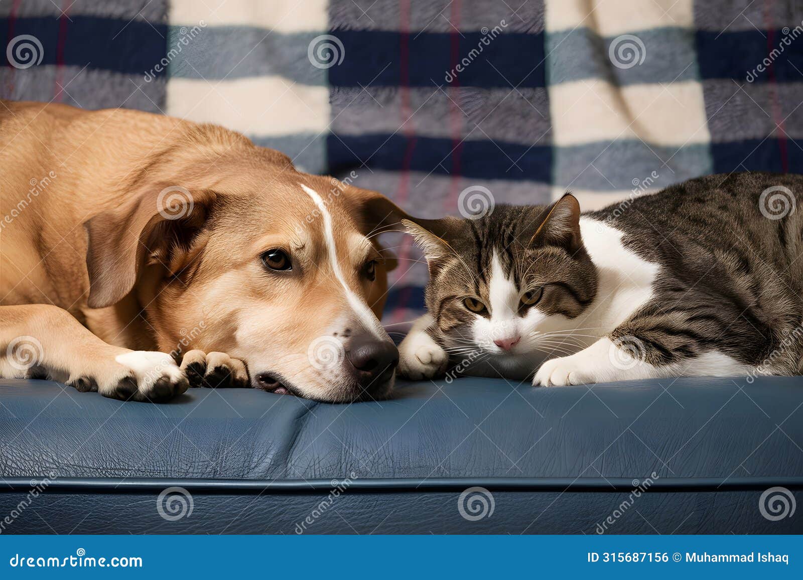 a dog and cat peacefully coexist on a blue couch, exuding warmth and contentment