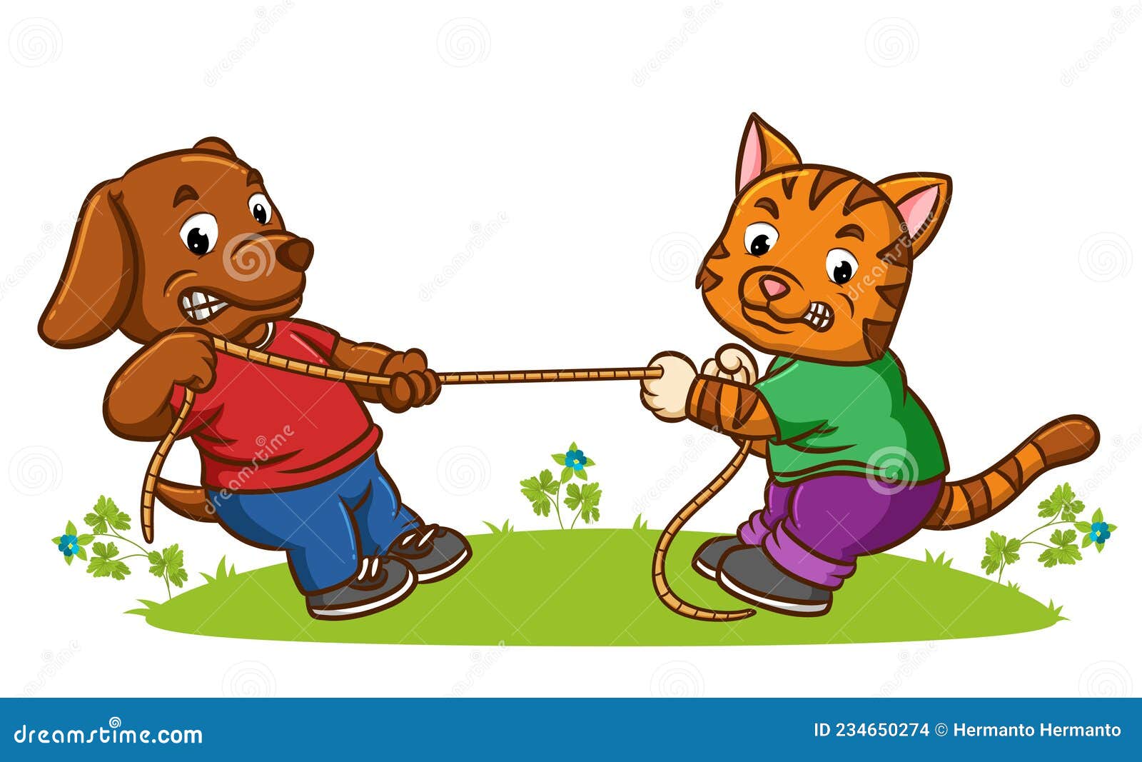 The Dog and the Cat are Playing the Tug of War in the Park Stock Vector
