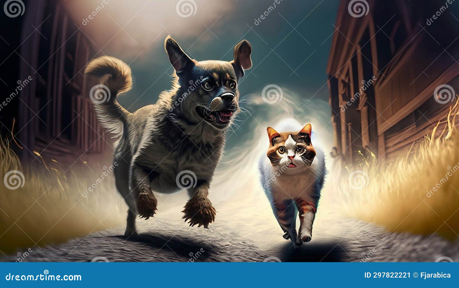 A Dog Chases a Cat on a Path through the Forest Stock Illustration