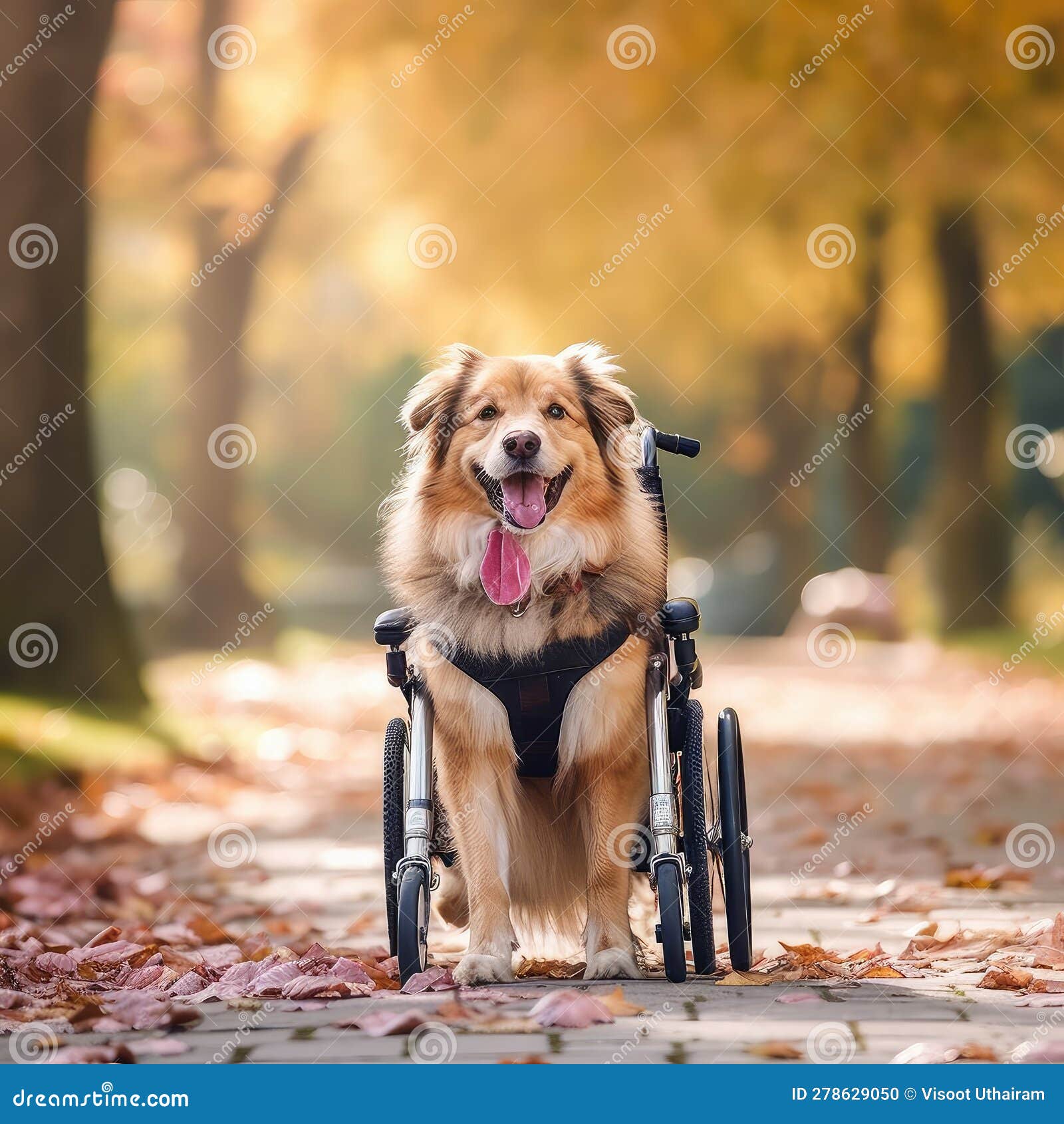 Dog with Disabilities in Wheelchair during a Walk in Park,AI Generated