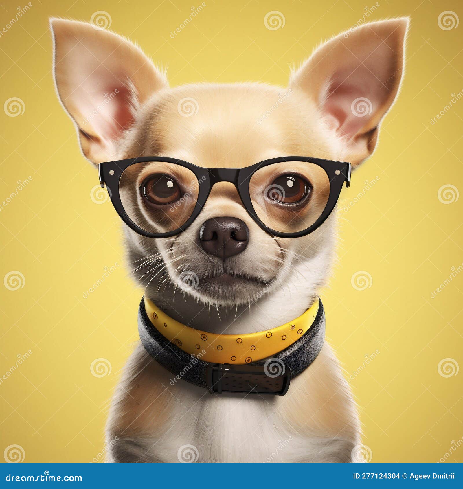 dog doggy cute chihuahua portrait animal background yellow pet puppy glasses. generative ai.