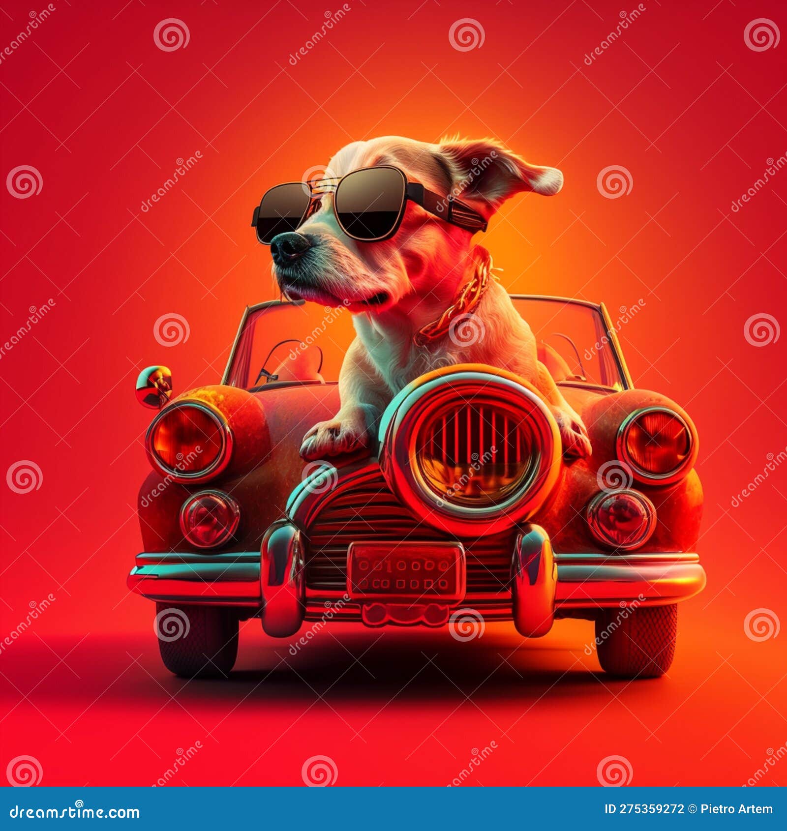 A Dog Driving a Car in Glasses, Generative AI Stock Illustration