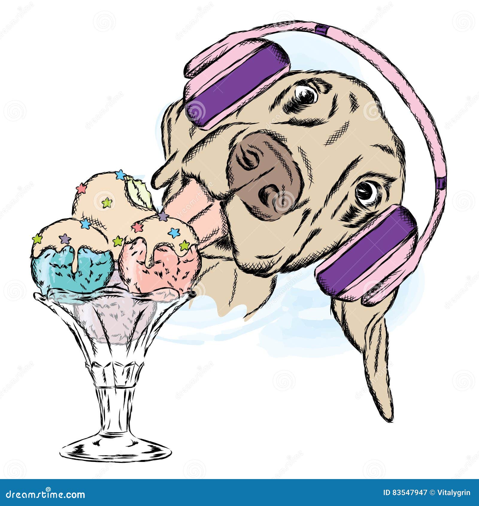 Dog Eats Ice Cream. Cute Puppy with Dessert. Stock Vector