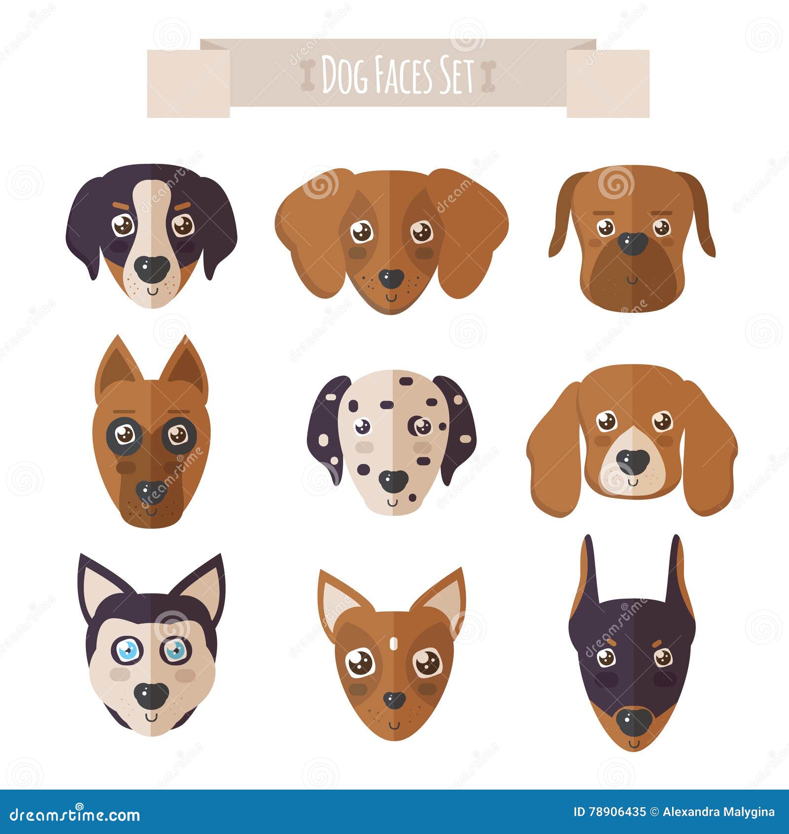 dog faces set in flat style