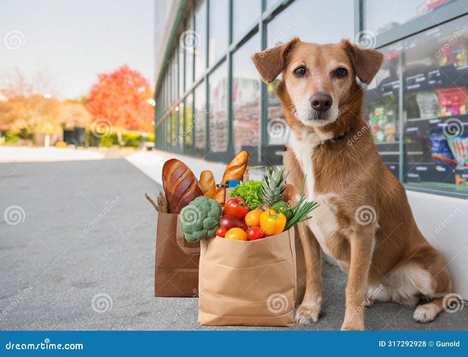 dog guards paper bags full with bread vegetables and fruit