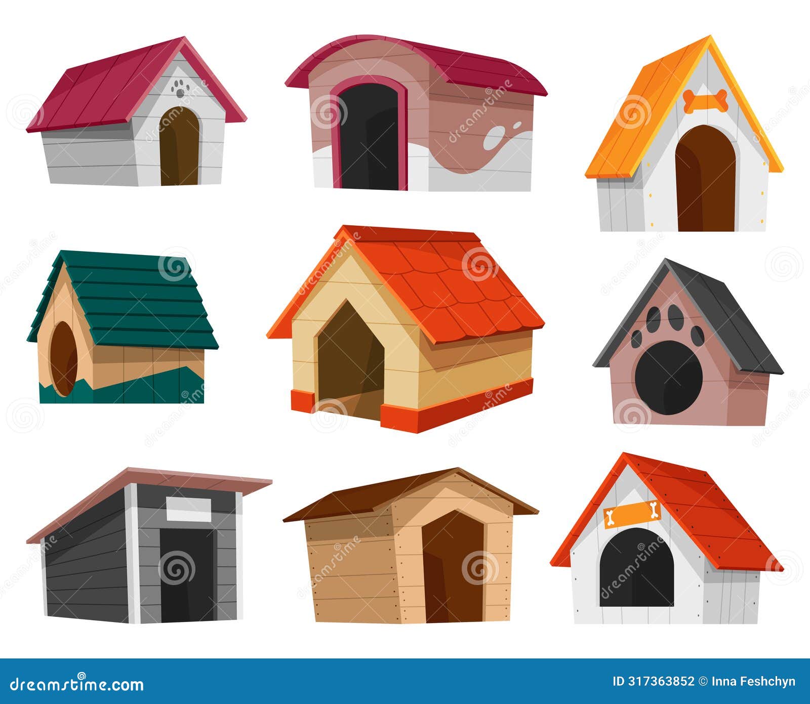 dog house icon set. cartoon pet accessory. petshop supermarket item. empty pet home with roof. house for domestic animal