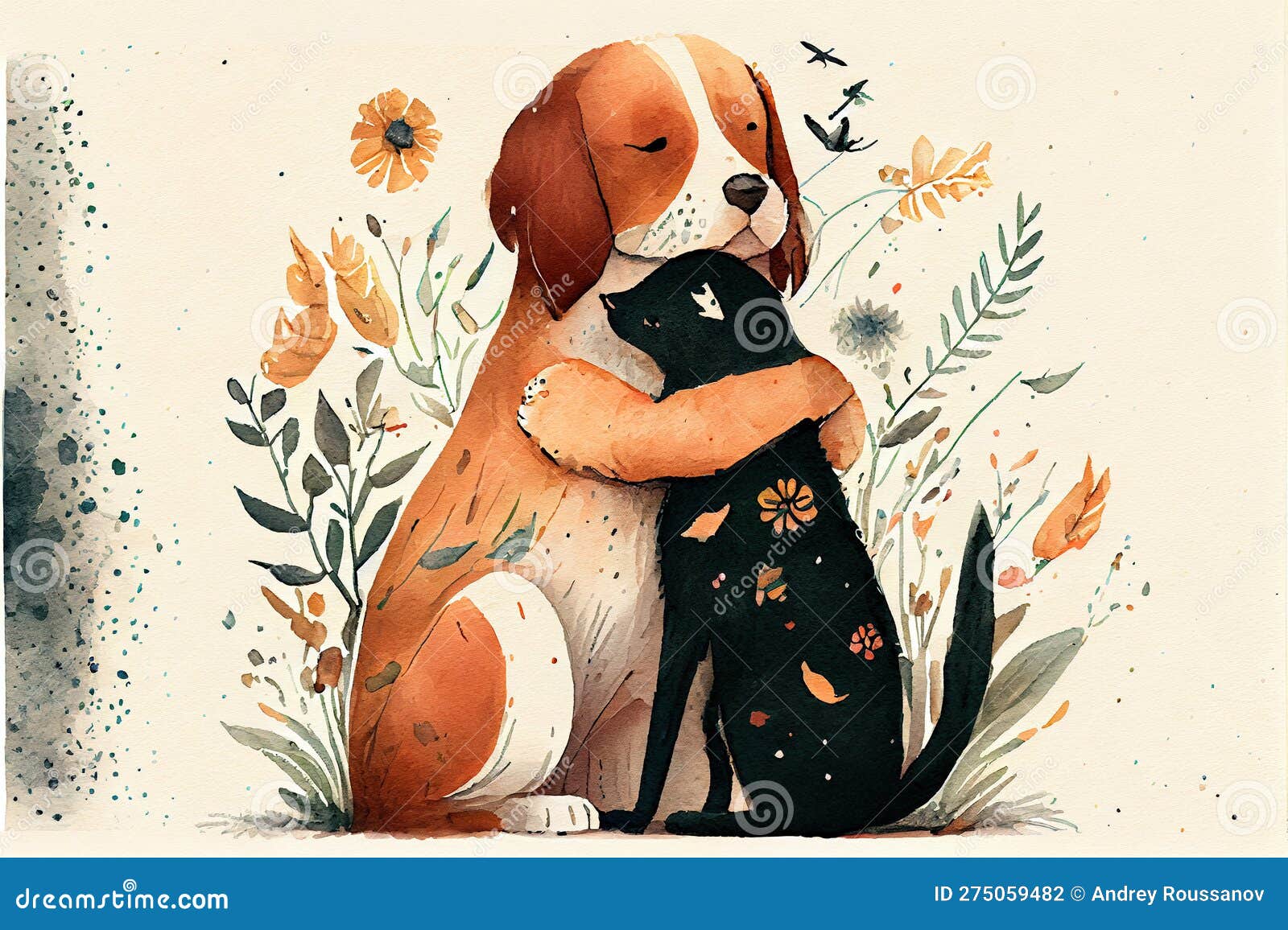 The Dog Hugs the Cat. Sweet Postcard. AI Render. Stock Illustration