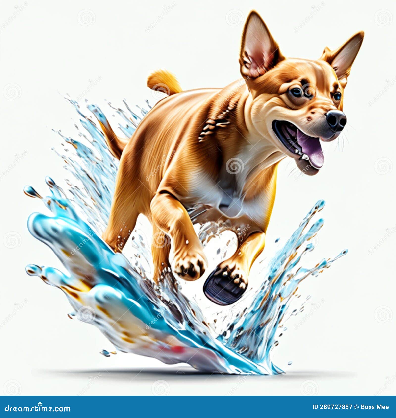 Dog Jumping in the Water with Splashes. 3D Rendering Stock Illustration